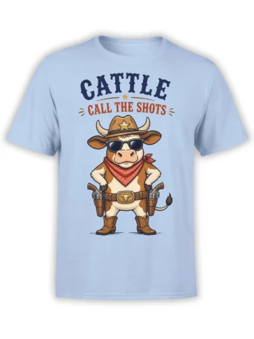 Light blue cow cowboy T-shirt with sunglasses, cowboy hat, red bandana, boots, and “CATTLE CALL THE SHOTS” text