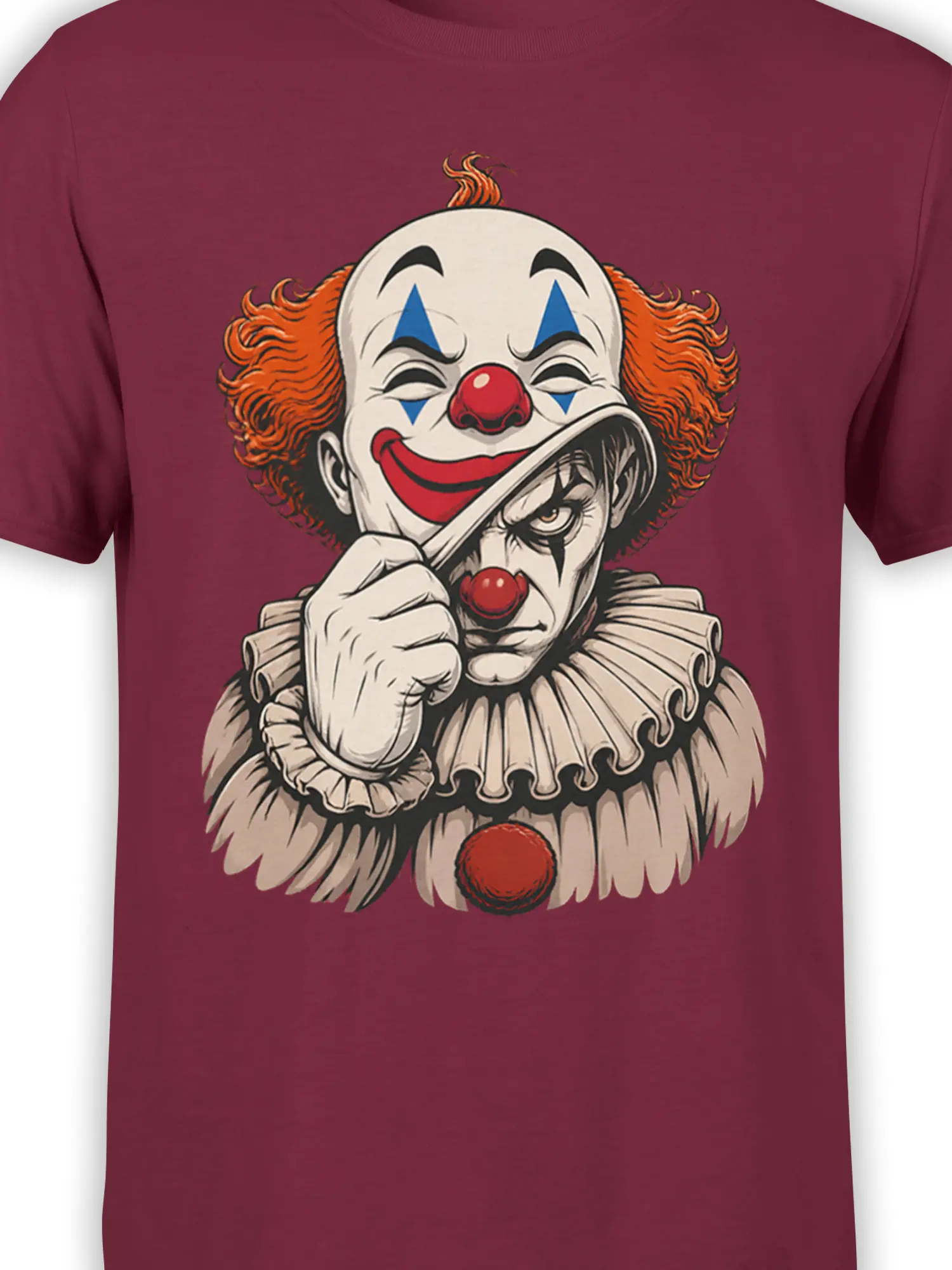 Close-up of vintage clown graphic on a burgundy T-shirt showing layered faces, red noses, and bold linework