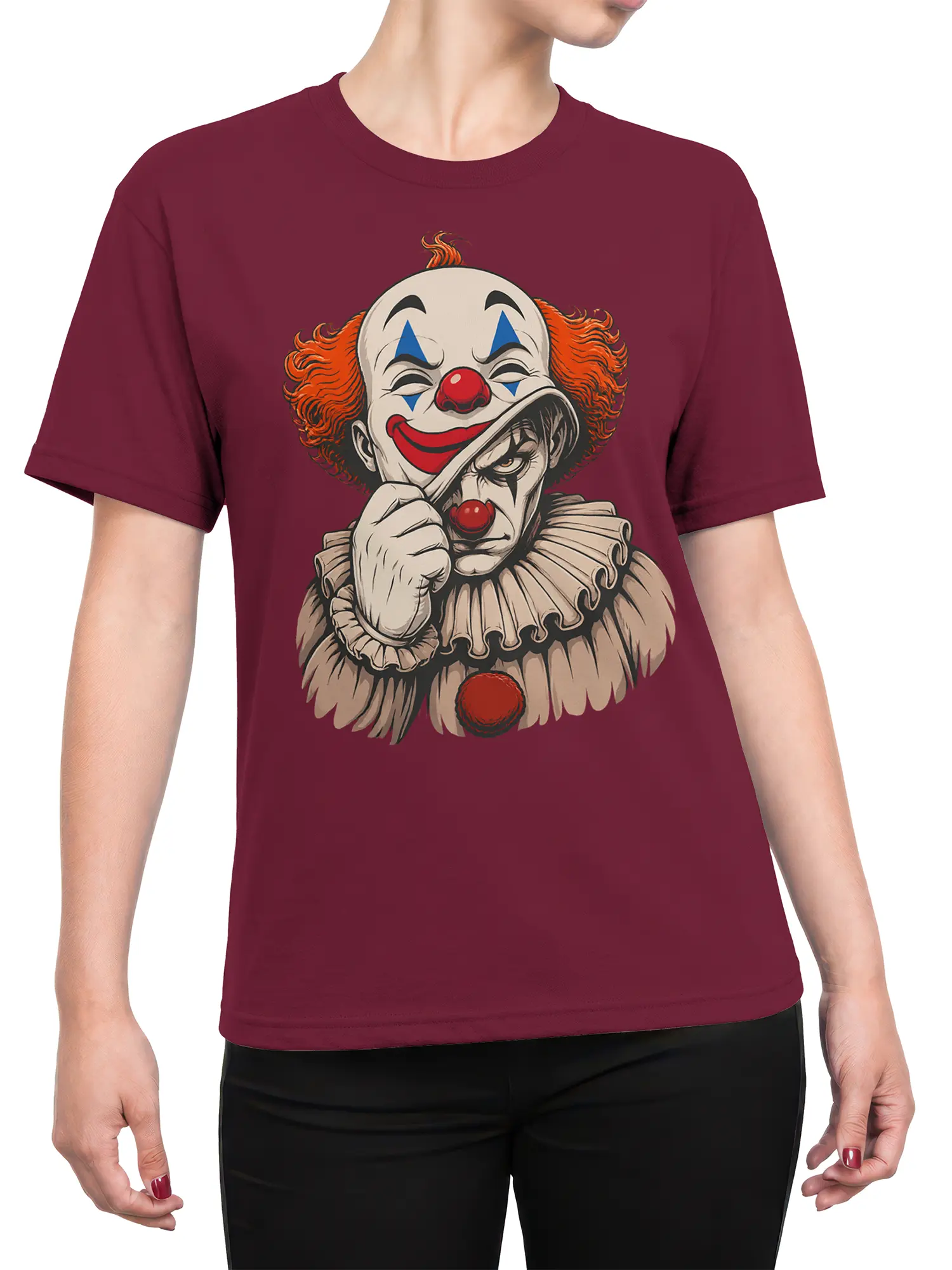 Female torso wearing a burgundy T-shirt with a detailed double-face clown graphic in a vintage horror style