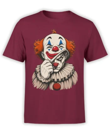 Burgundy T-shirt with vintage clown artwork, bright face, orange hair, and a darker expression underneath