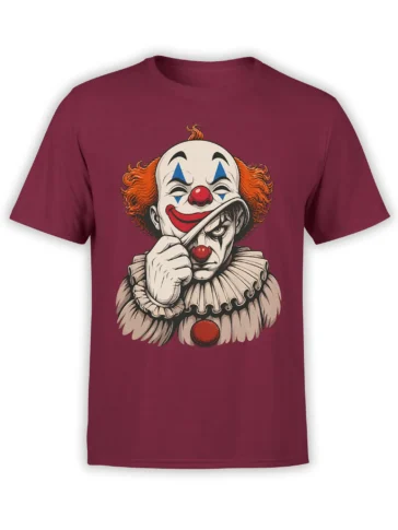 Burgundy T-shirt with vintage clown artwork, bright face, orange hair, and a darker expression underneath