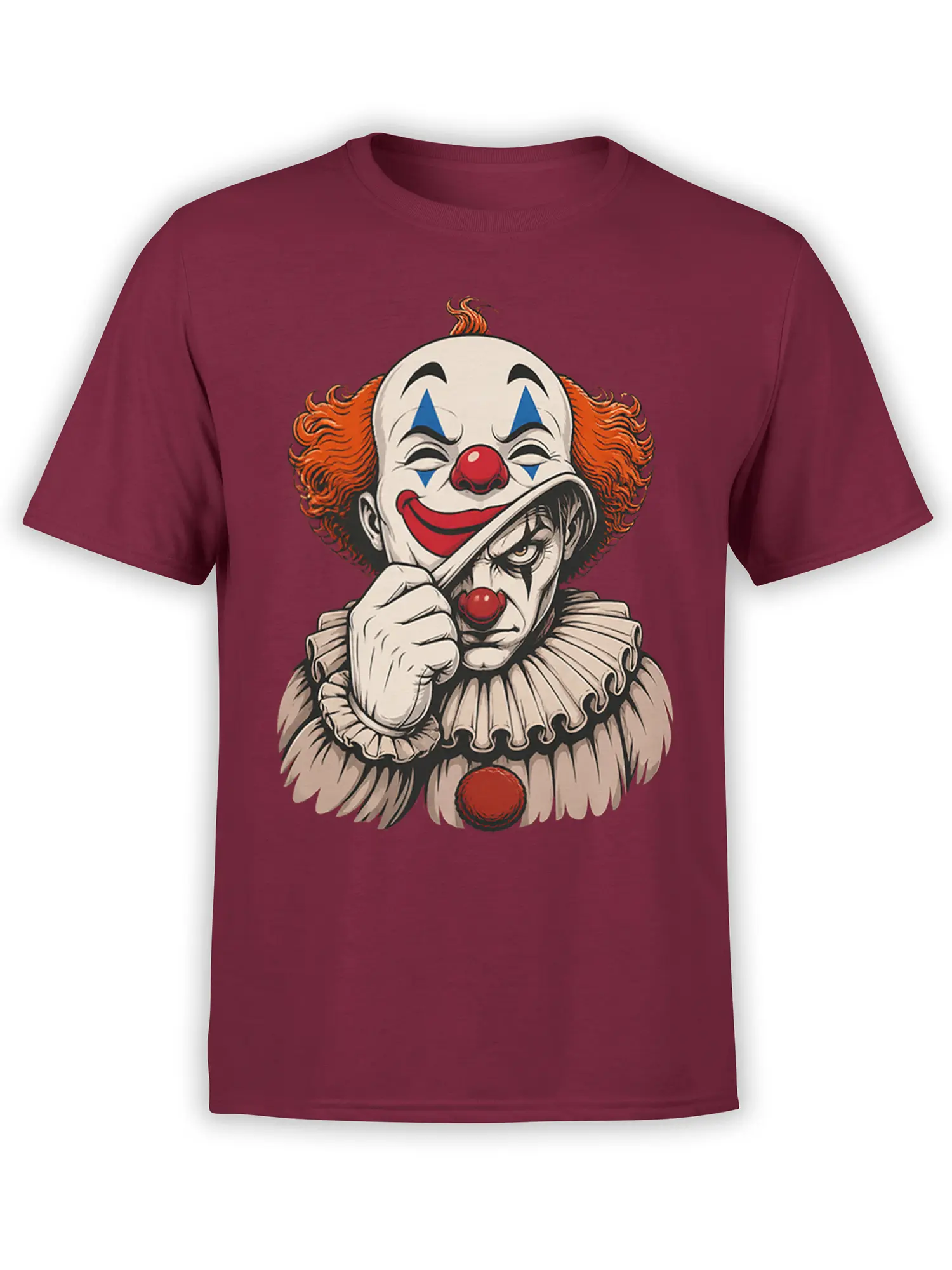Burgundy T-shirt with vintage clown artwork, bright face, orange hair, and a darker expression underneath