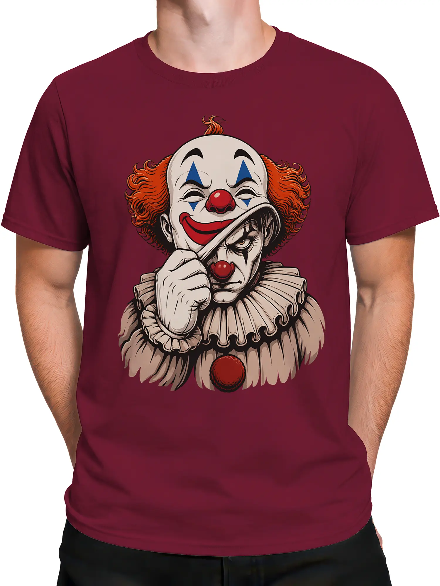 Male torso wearing a burgundy T-shirt with a vintage clown graphic and unsettling hidden face design