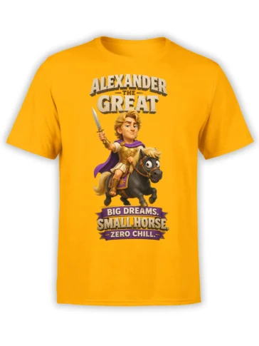 Orange T-shirt featuring Alexander the Great riding a small horse with a sword and bold “Big Dreams” lettering