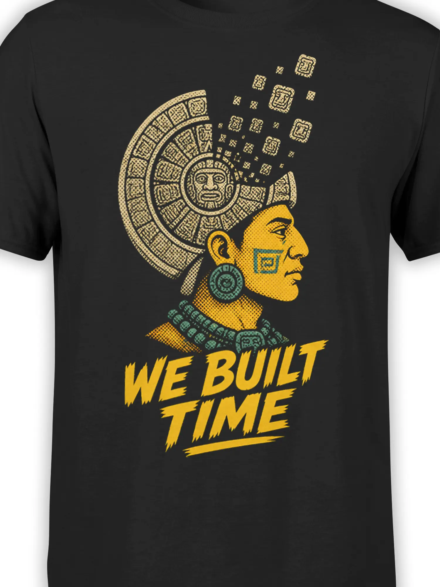 Close-up of Mesoamerican-inspired profile, patterned headdress, symbols, and bold lettering on a black history graphic tee