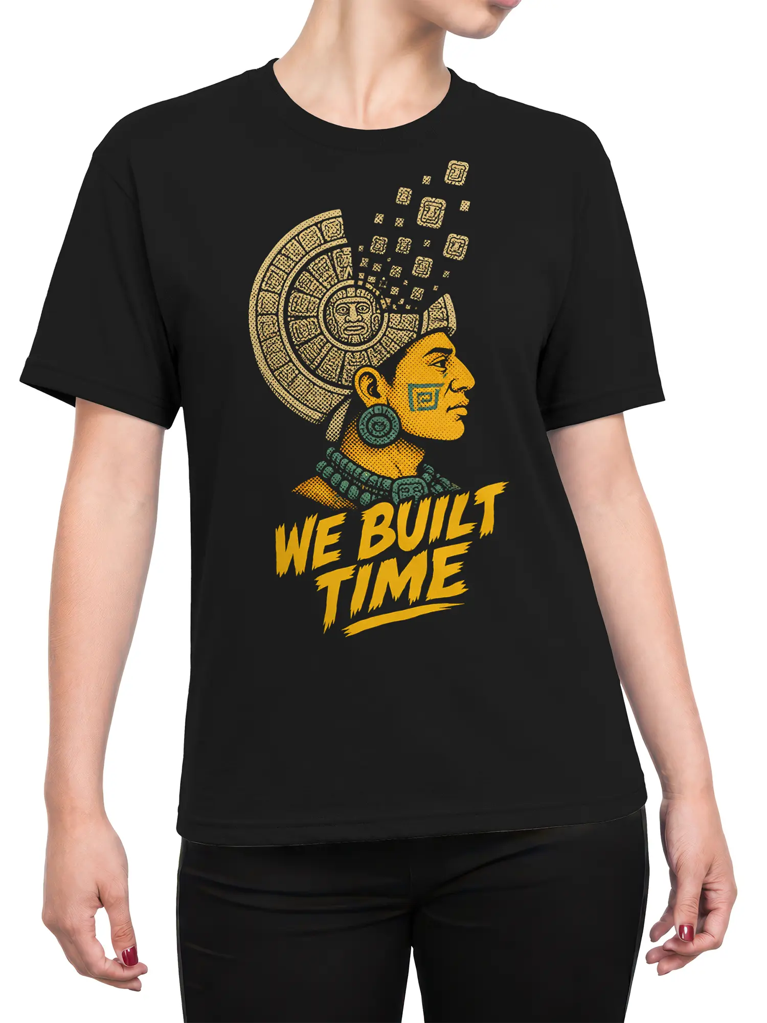 Female torso wearing a black T-shirt with Mesoamerican-inspired profile art and “WE BUILT TIME” lettering