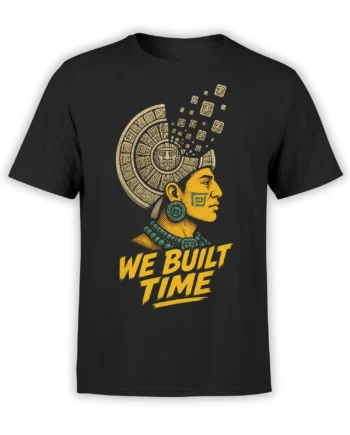 Mesoamerican-inspired profile and calendar artwork with “WE BUILT TIME” lettering on a black graphic T-shirt