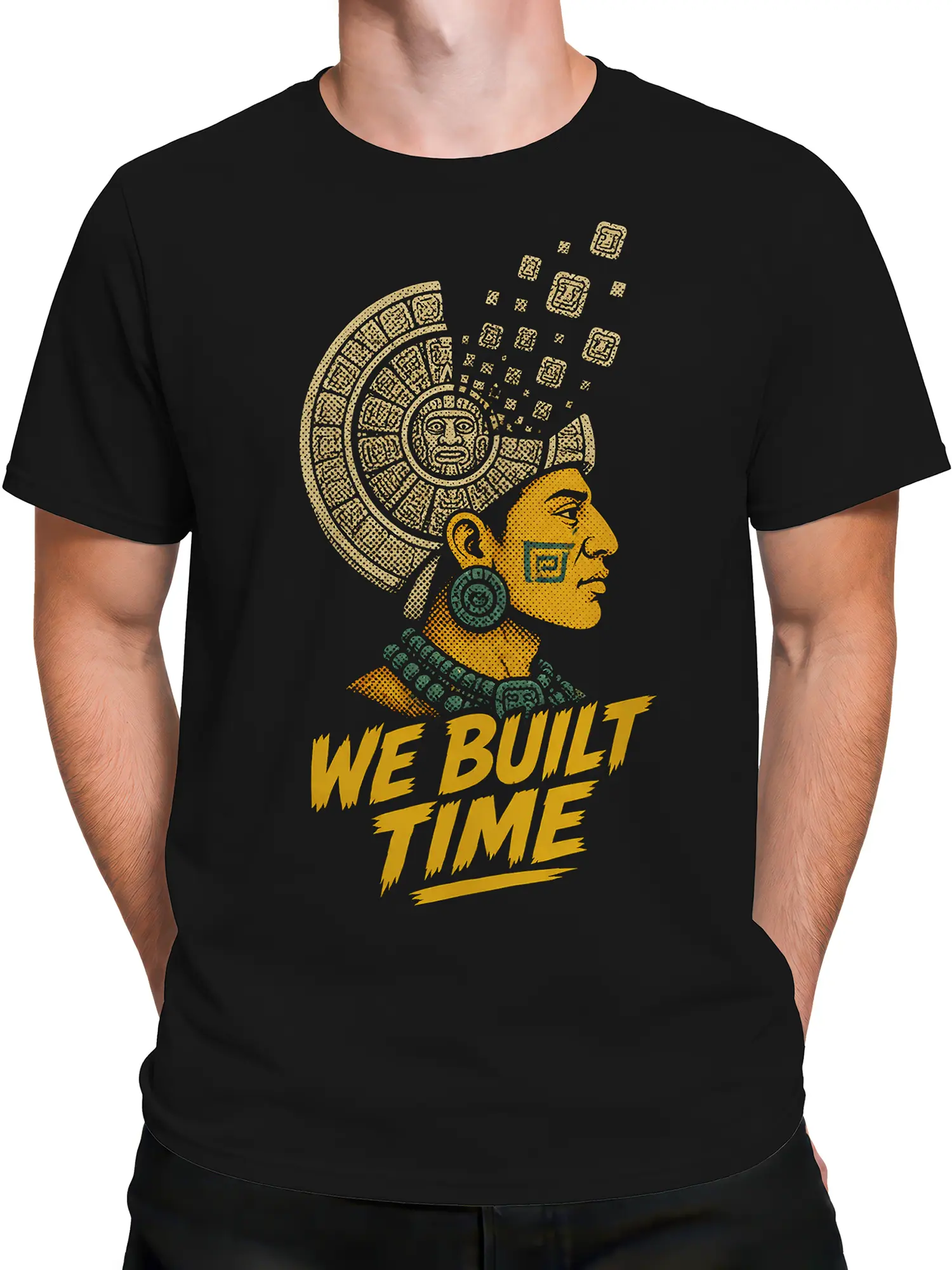 Male torso wearing a black history graphic tee with Mesoamerican-inspired art and bold time-themed lettering