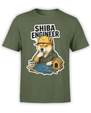 Green Shiba dog engineer T-shirt with a hard hat, blueprint, tools, and wooden doghouse