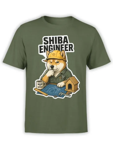 Green Shiba dog engineer T-shirt with a hard hat, blueprint, tools, and wooden doghouse