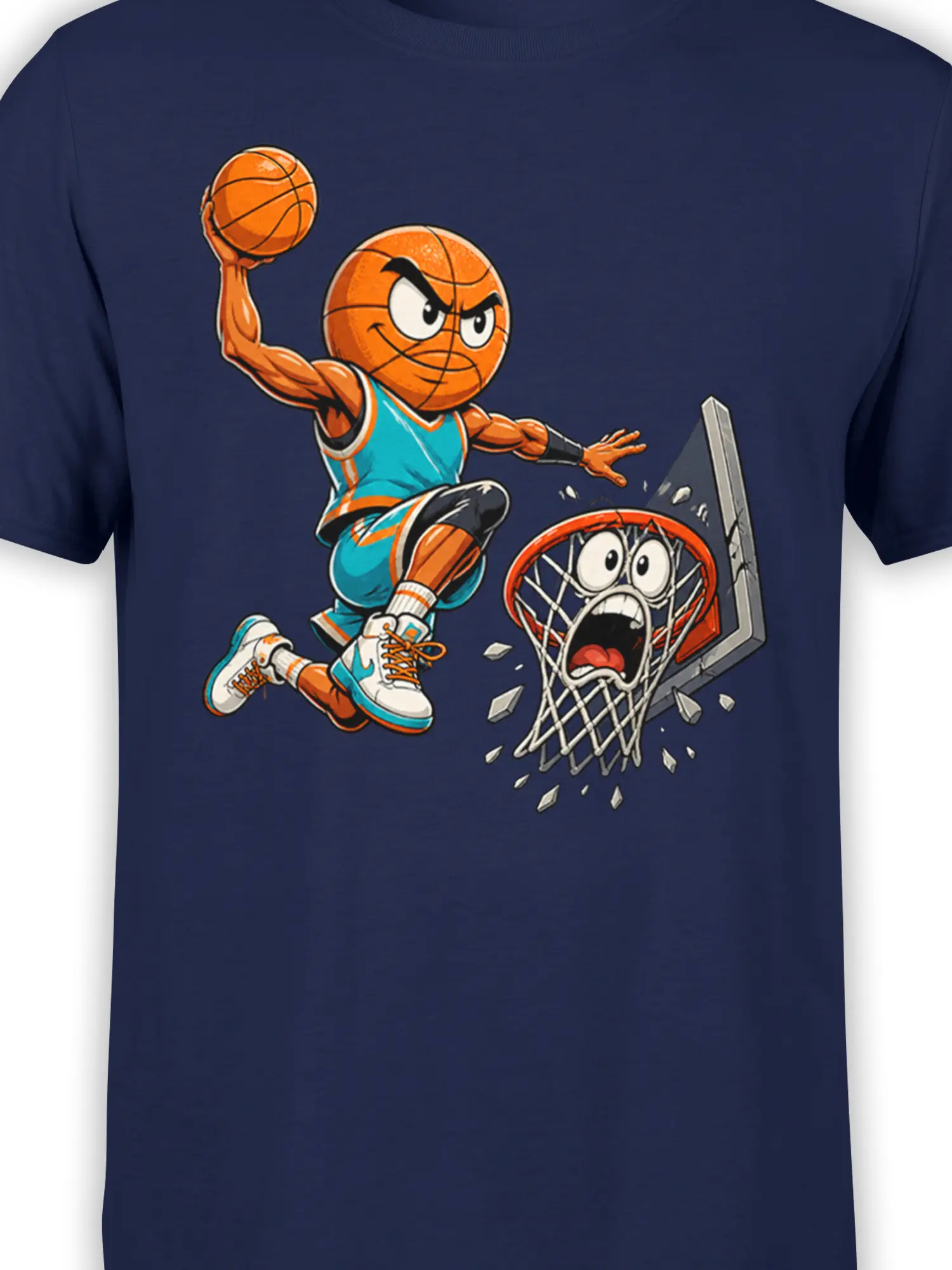 Close-up of the cartoon basketball player and shattered hoop on a navy T-shirt