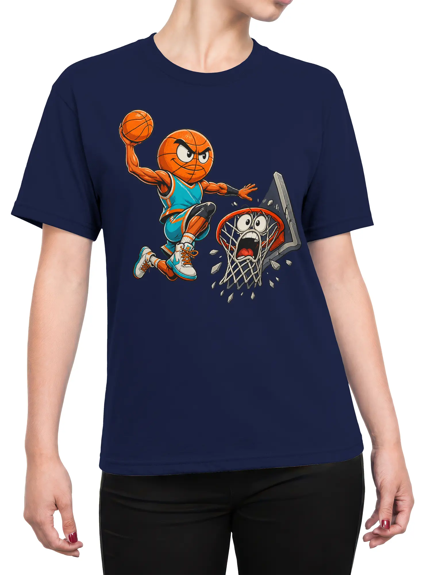 Female torso wearing a navy T-shirt with a cartoon basketball player and broken hoop