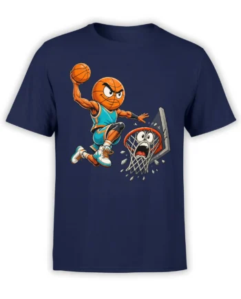 Fierce cartoon basketball player smashing through a hoop on a navy graphic T-shirt