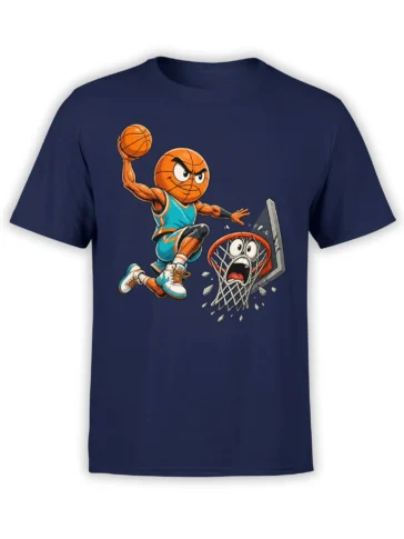 Fierce cartoon basketball player smashing through a hoop on a navy graphic T-shirt