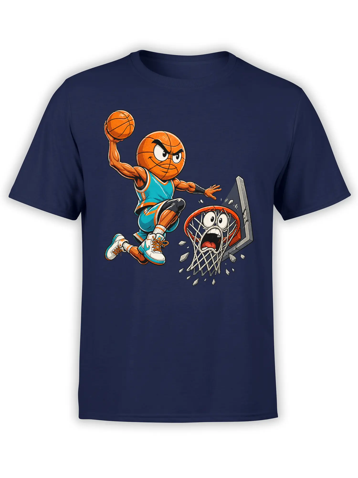 Fierce cartoon basketball player smashing through a hoop on a navy graphic T-shirt
