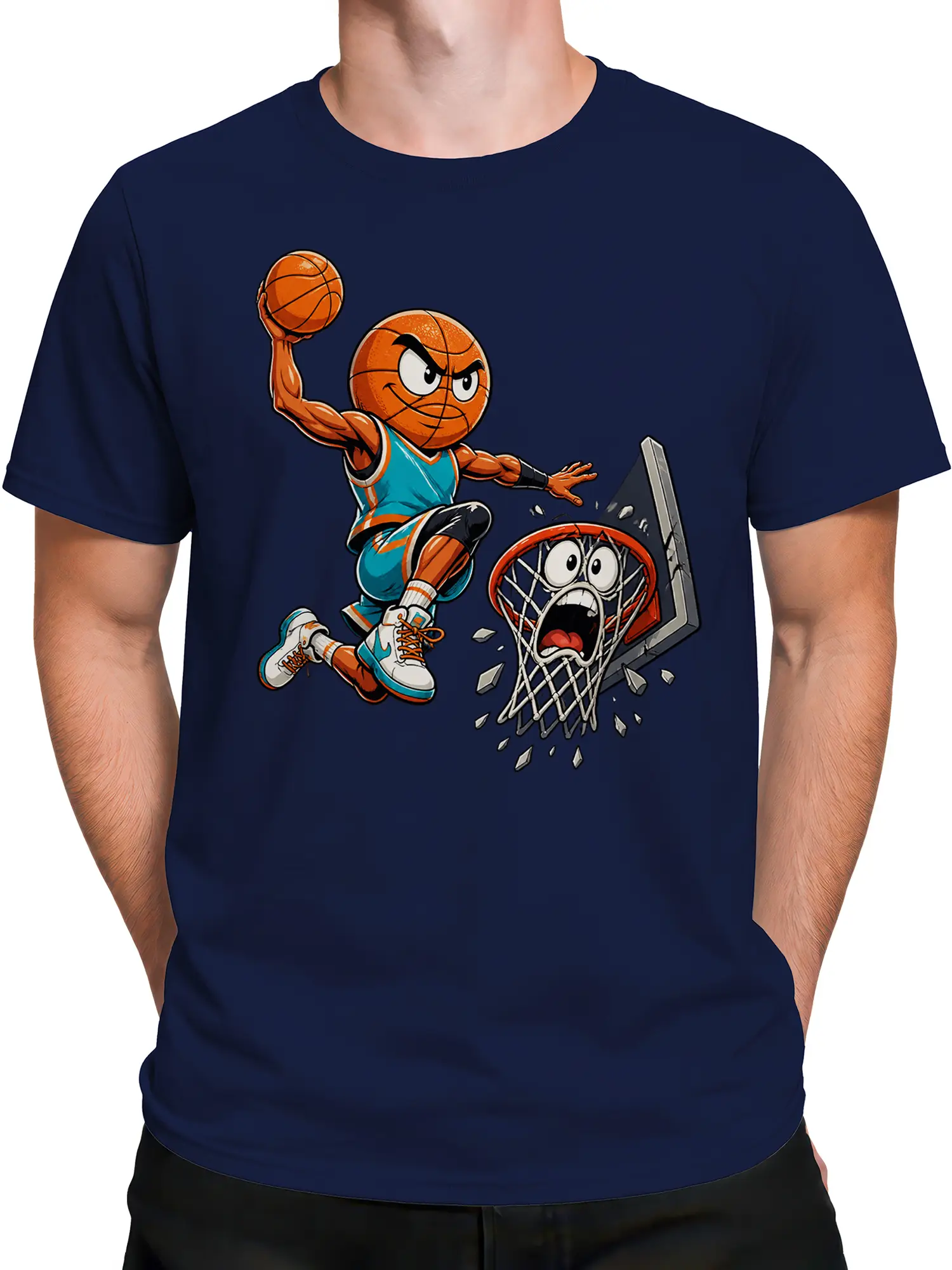 Male torso wearing a navy T-shirt with a fierce cartoon basketball design