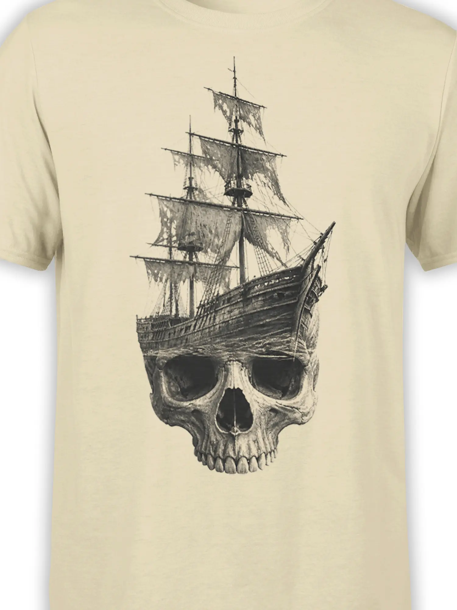Close-up of the sailing ship and skull artwork printed on a beige pirate graphic T-shirt