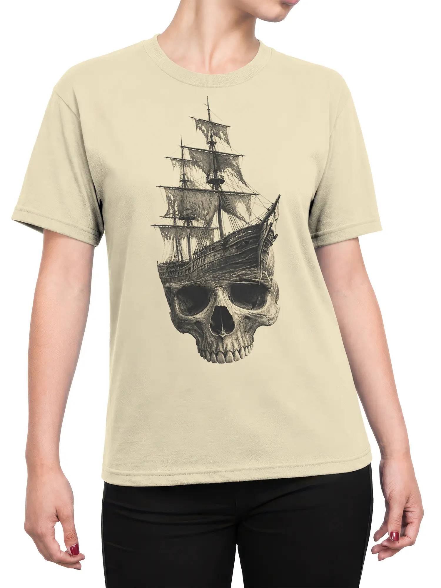 Female torso wearing a beige T-shirt with a vintage sailing ship and skull graphic