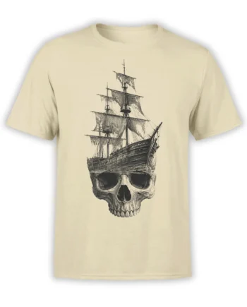 Beige T-shirt with a detailed sailing ship rising from a large skull in a vintage nautical design