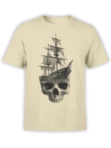 Beige T-shirt with a detailed sailing ship rising from a large skull in a vintage nautical design