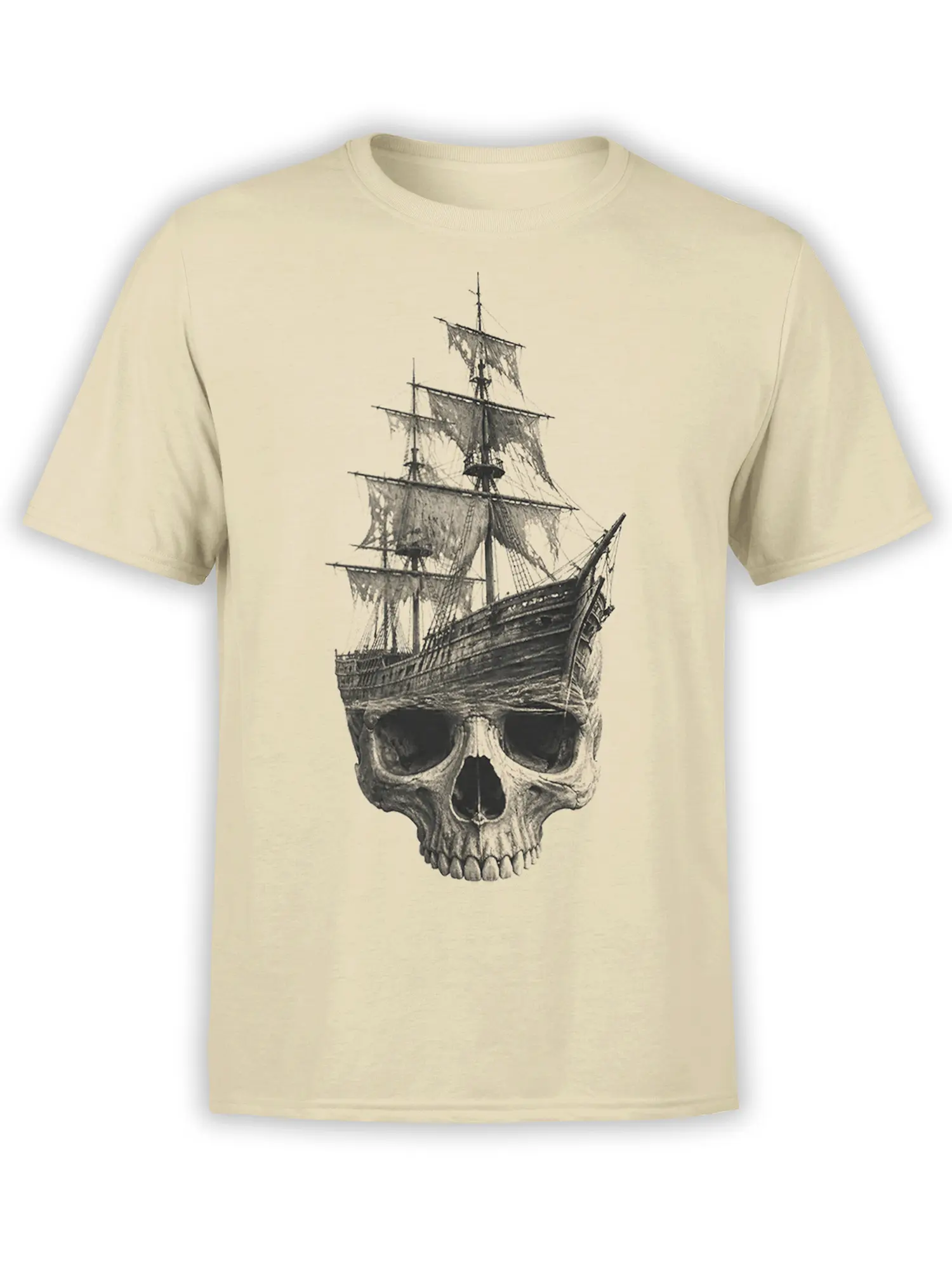 Beige T-shirt with a detailed sailing ship rising from a large skull in a vintage nautical design