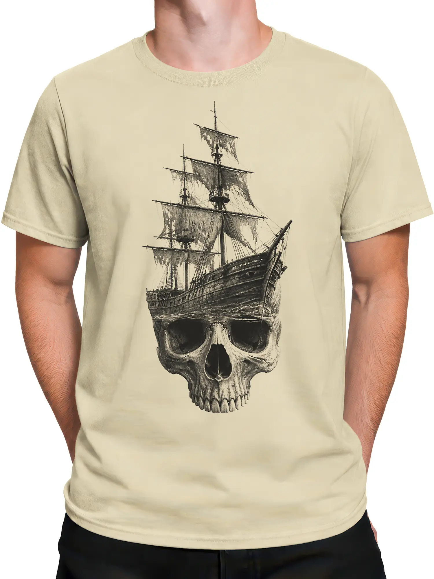 Male torso wearing a beige pirate skull T-shirt with a detailed sailing ship graphic
