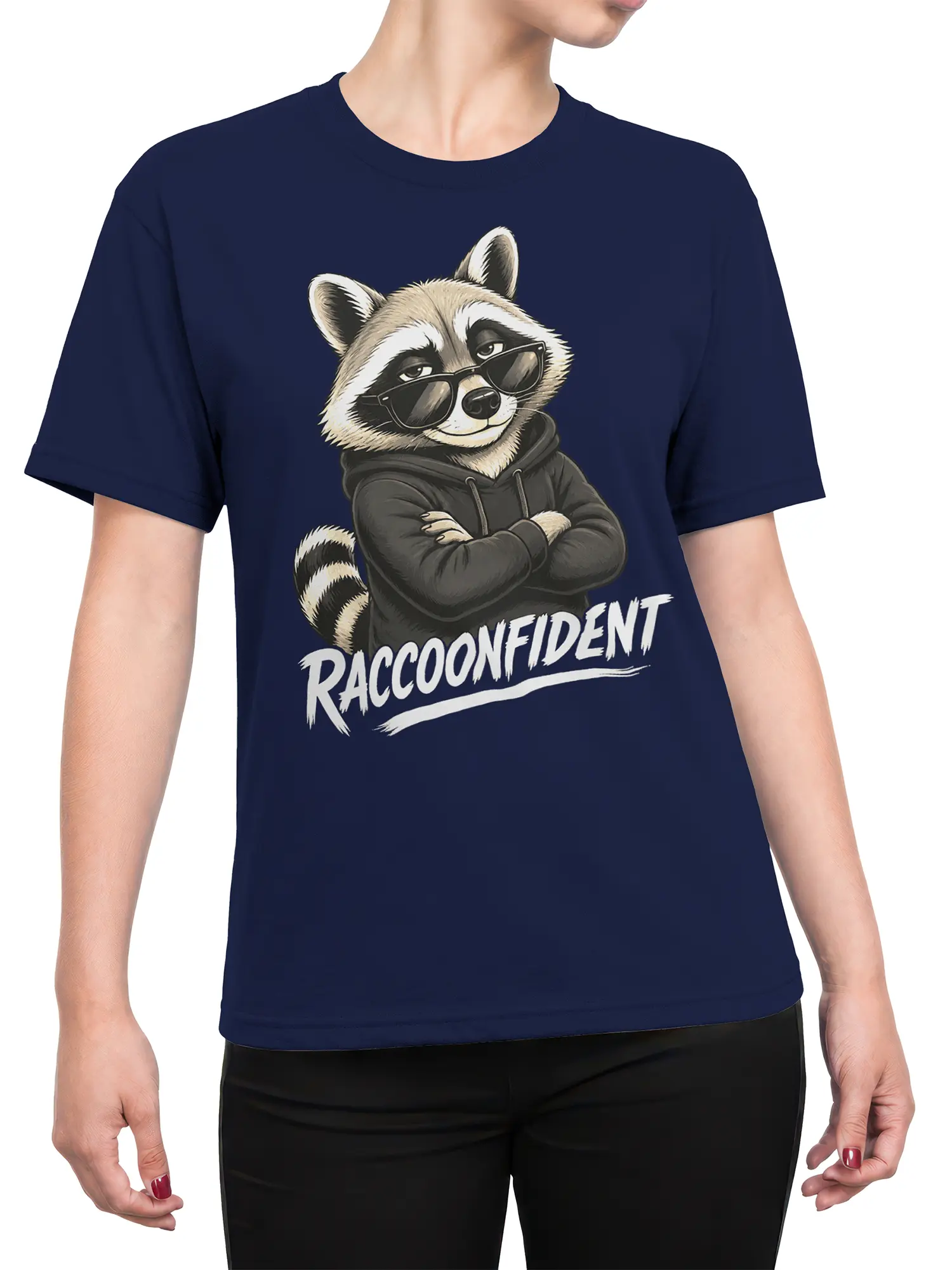 Female torso wearing a navy raccoon graphic T-shirt with bold “RACCOONFIDENT” artwork
