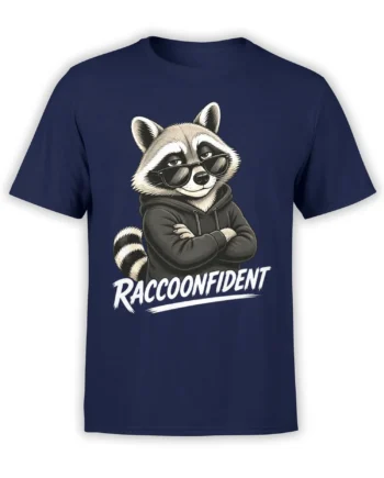 Confident raccoon in sunglasses and hoodie with “RACCOONFIDENT” lettering on a navy T-shirt