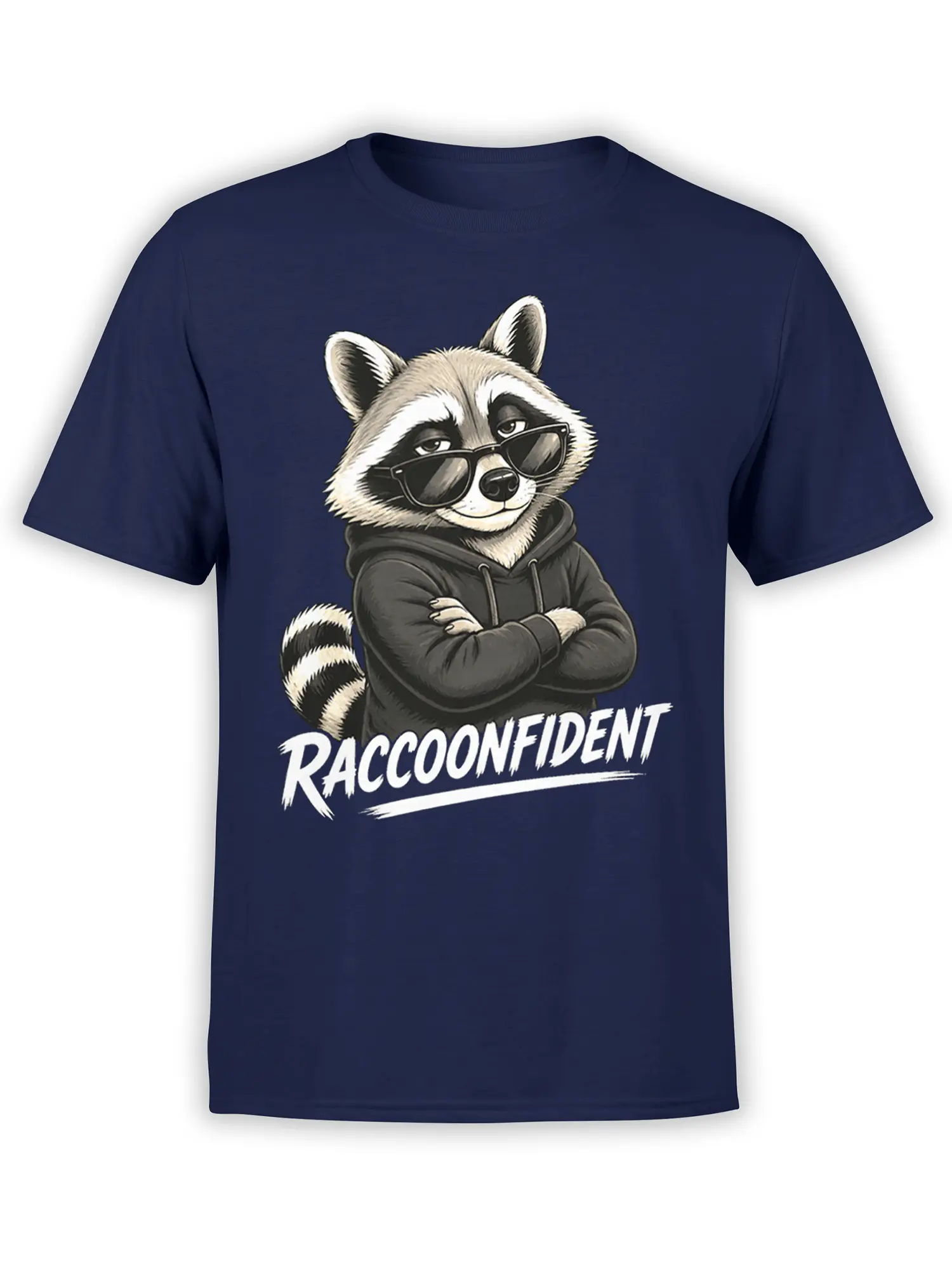 Confident raccoon in sunglasses and hoodie with “RACCOONFIDENT” lettering on a navy T-shirt