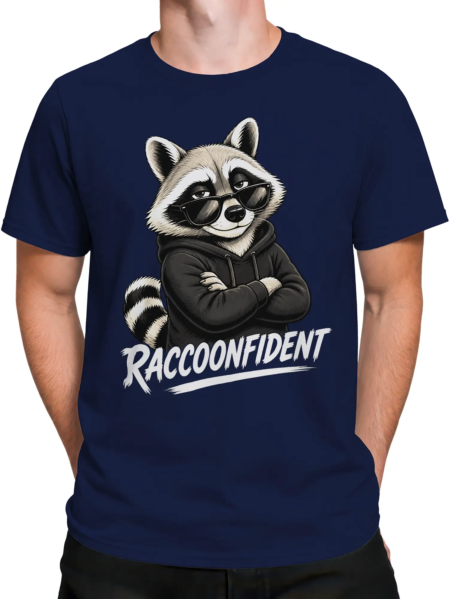 Male torso wearing a navy raccoon graphic T-shirt with sunglasses and bold lettering