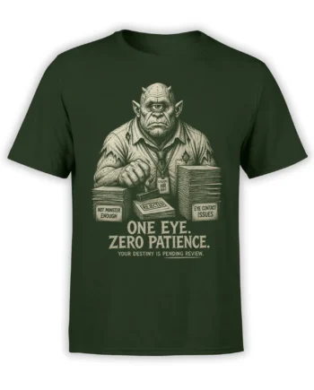 Green shirt with a horned cyclops HR manager, rejected paperwork, and the words One Eye Zero Patience