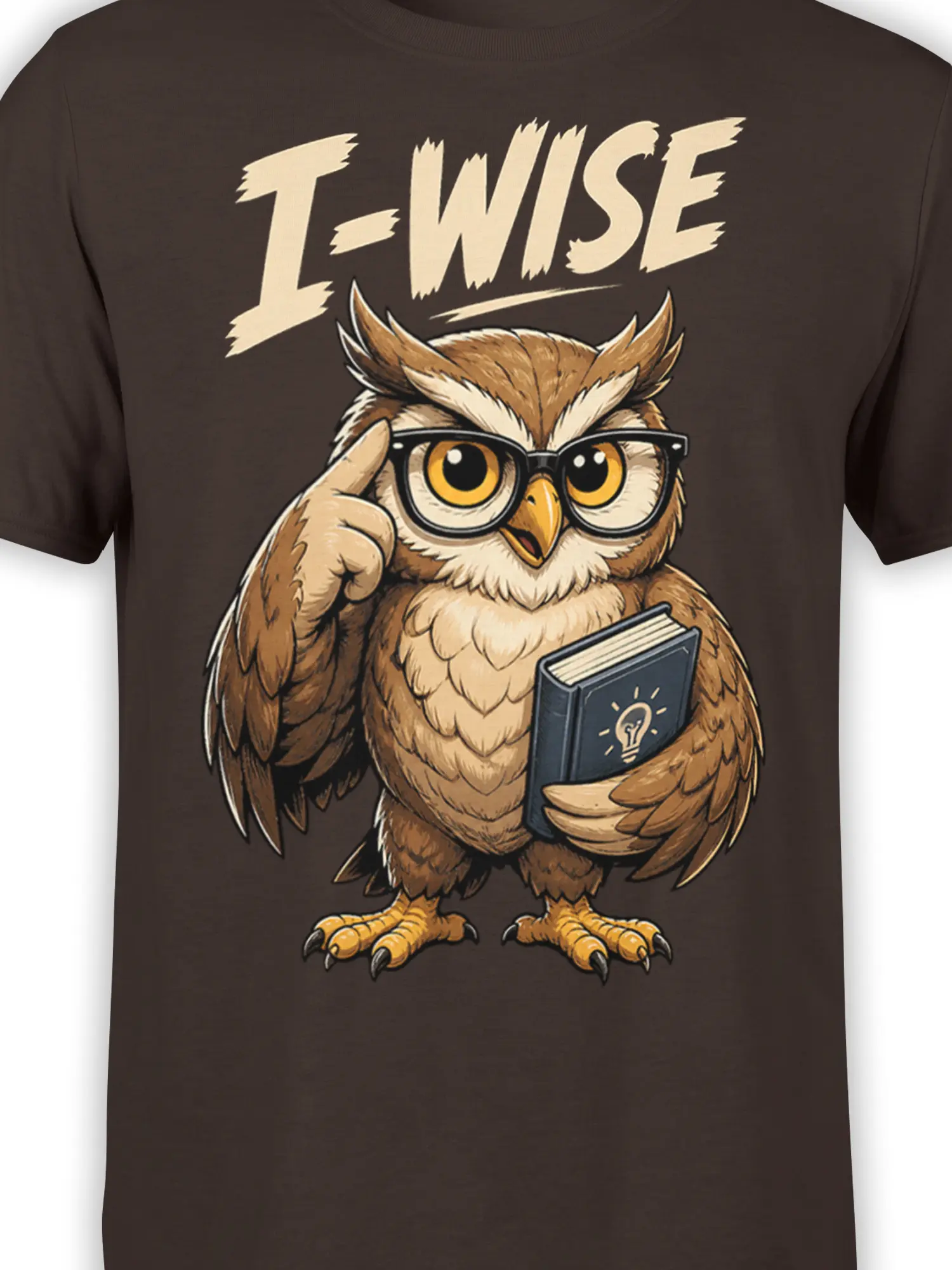 Close-up of the wise owl graphic with glasses, golden eyes, book, and L-WISE text on brown fabric