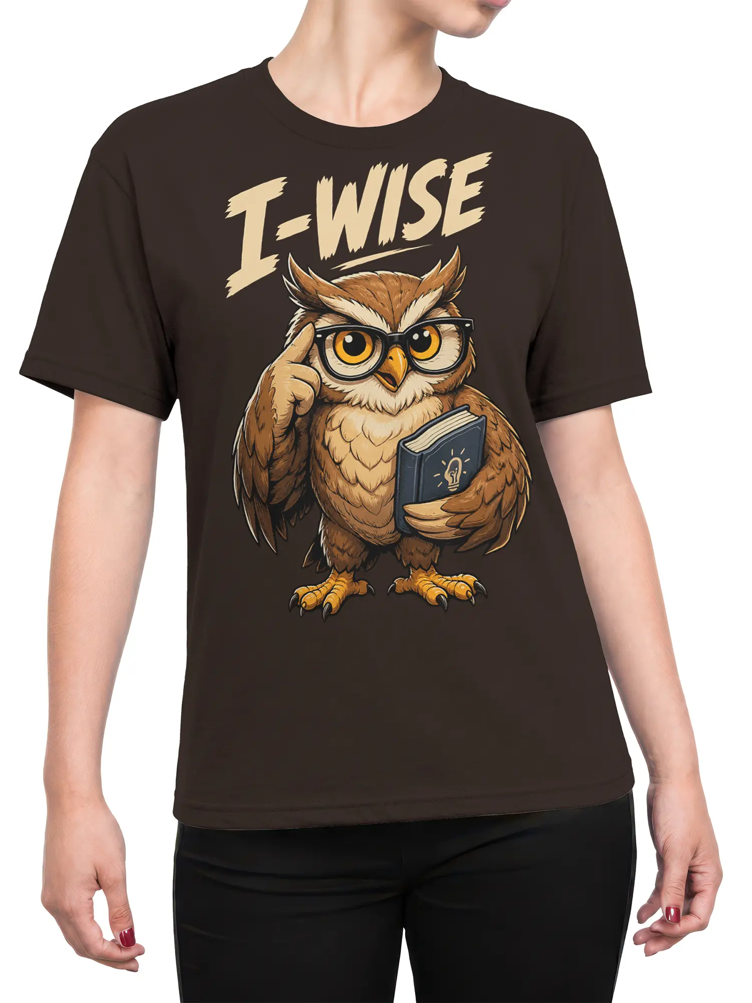 Female torso wearing a dark brown owl t-shirt with glasses, book artwork, and L-WISE lettering