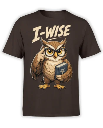 Dark brown owl t-shirt with a glasses-wearing scholar owl holding a book and L-WISE lettering