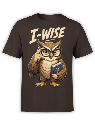 Dark brown owl t-shirt with a glasses-wearing scholar owl holding a book and L-WISE lettering