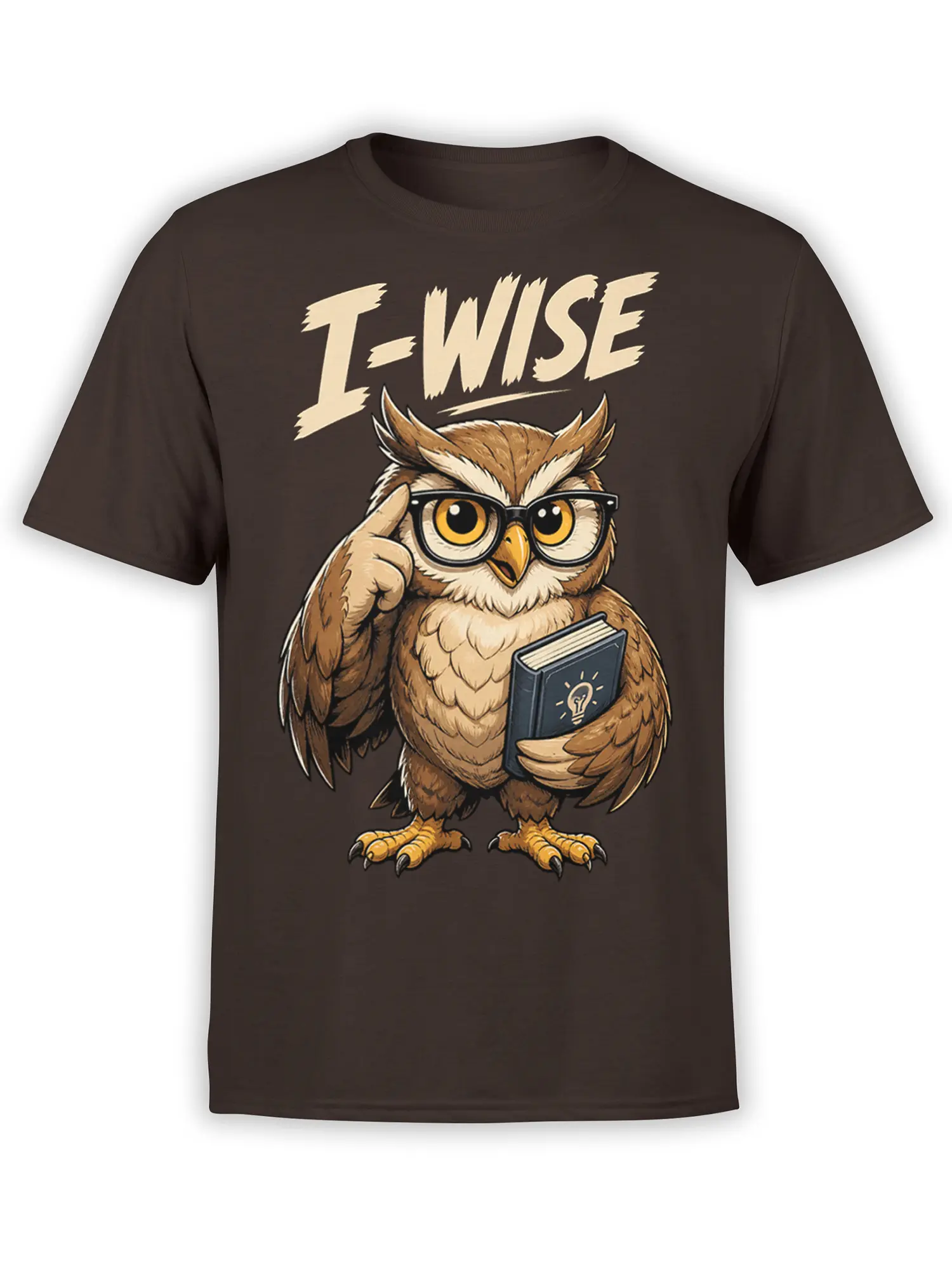 Dark brown owl t-shirt with a glasses-wearing scholar owl holding a book and L-WISE lettering