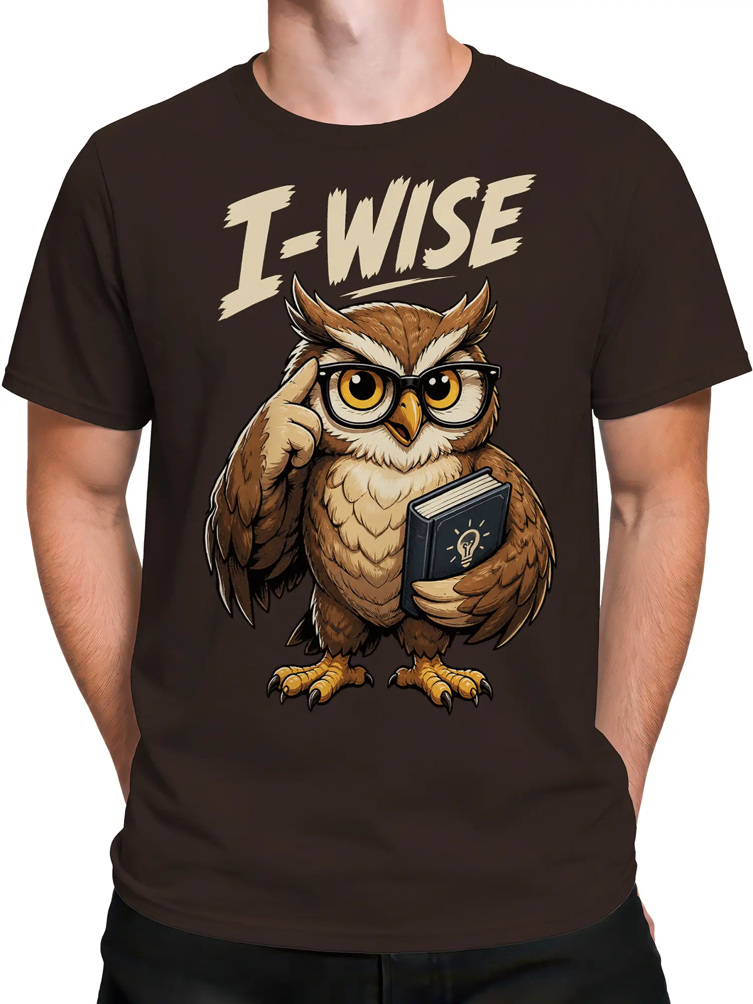 Male torso wearing a dark brown owl t-shirt with scholar owl and L-WISE graphic