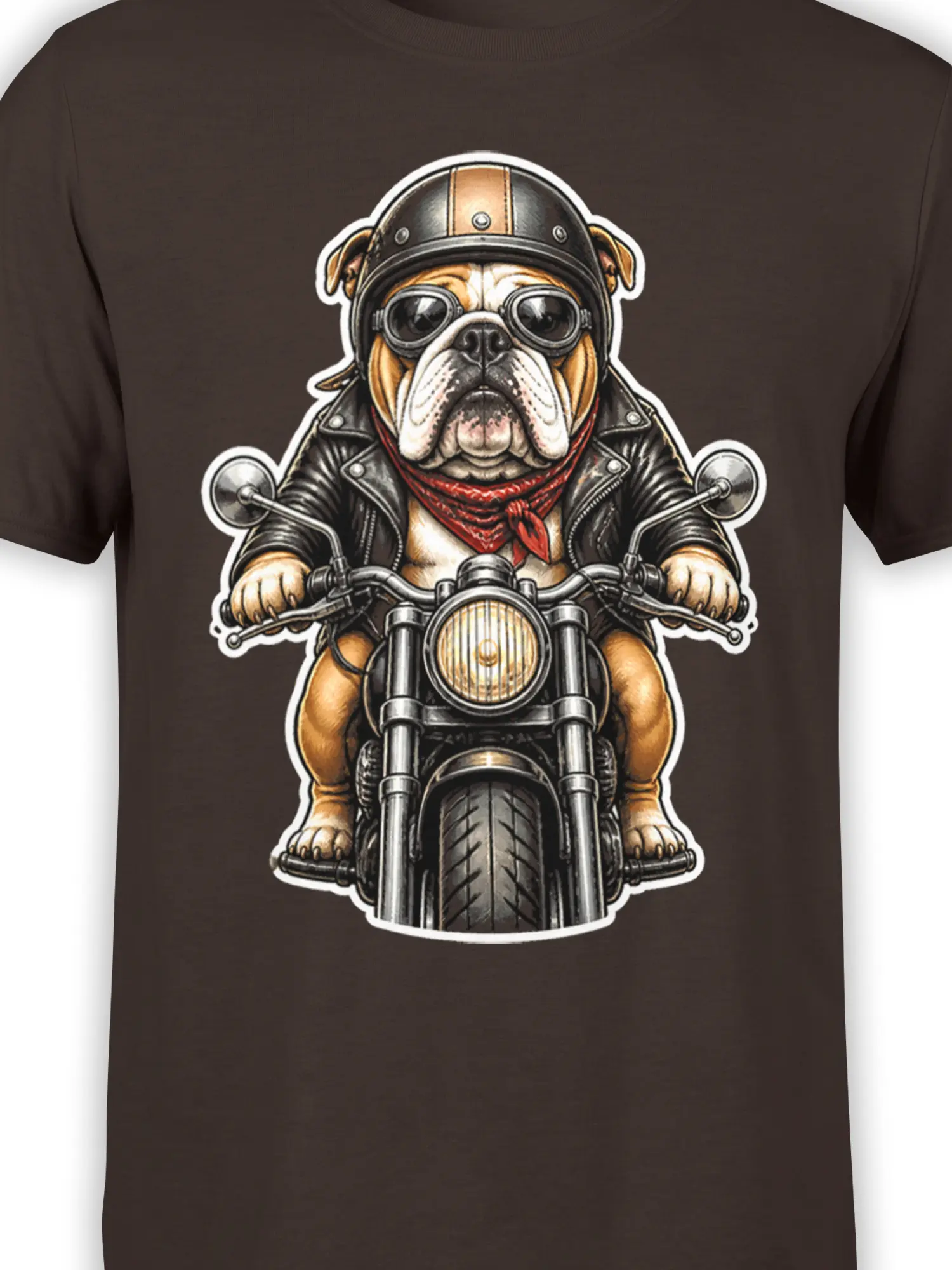 Close-up of bulldog biker artwork with motorcycle, goggles, helmet, leather jacket, and red bandana
