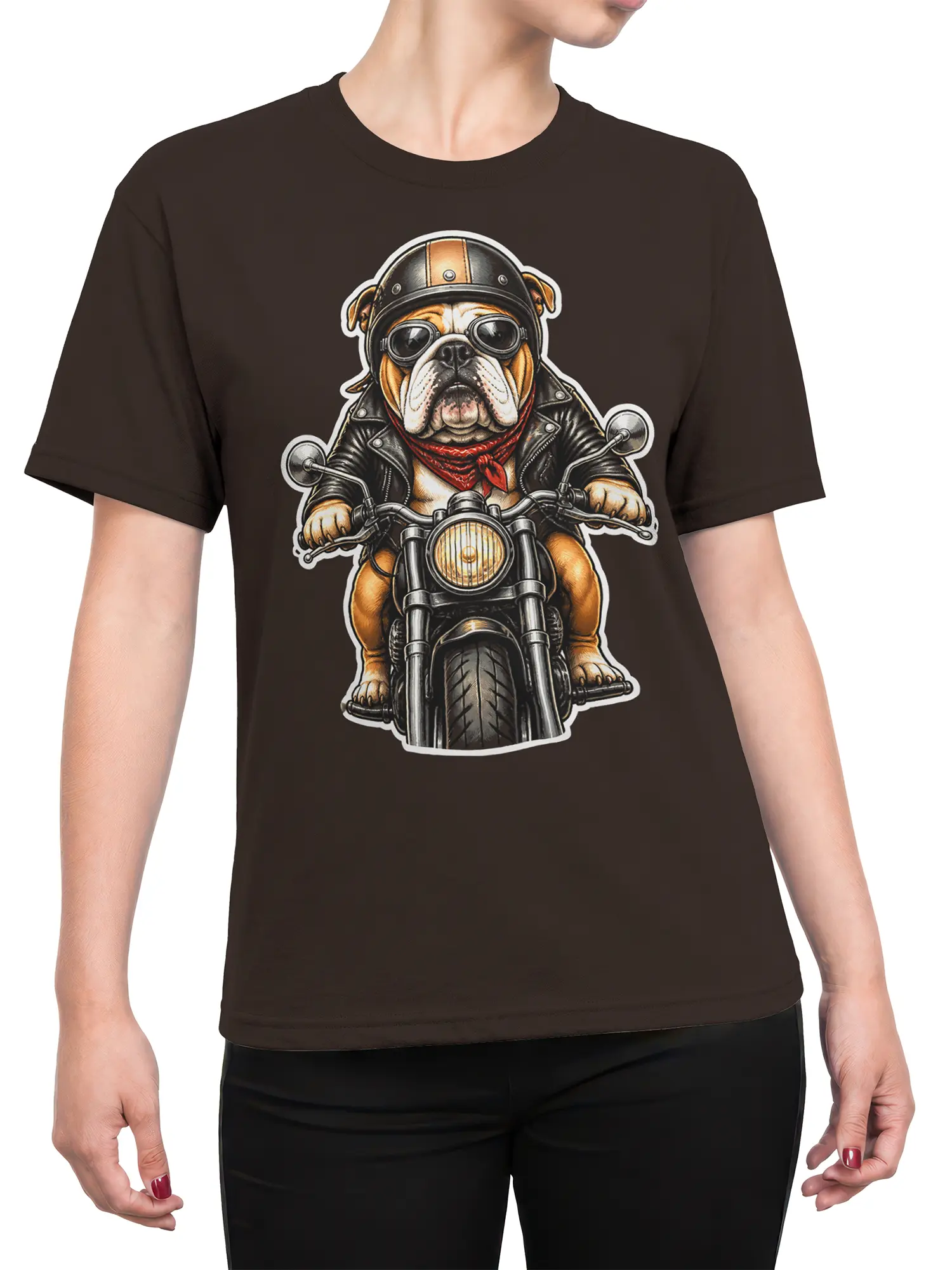 Female torso wearing a brown T-shirt with a bulldog biker riding a motorcycle graphic