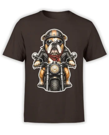 Bulldog biker riding a motorcycle in goggles, helmet, leather jacket, and red bandana on a brown T-shirt