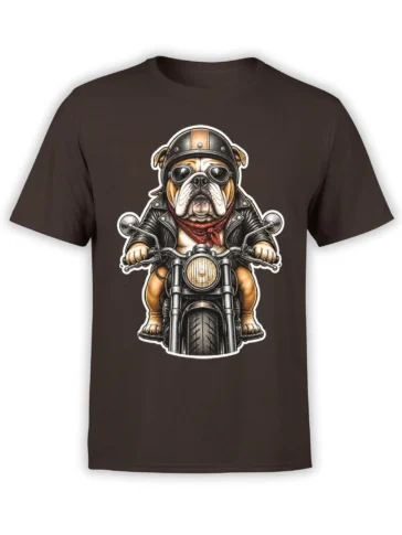 Bulldog biker riding a motorcycle in goggles, helmet, leather jacket, and red bandana on a brown T-shirt