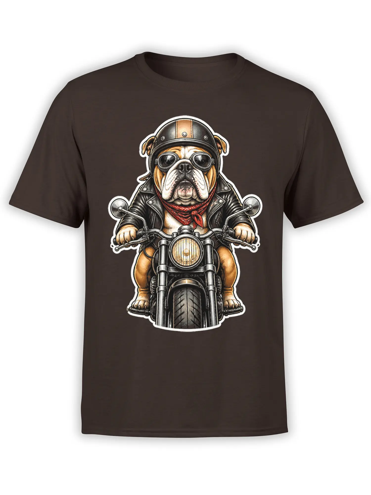 Bulldog biker riding a motorcycle in goggles, helmet, leather jacket, and red bandana on a brown T-shirt
