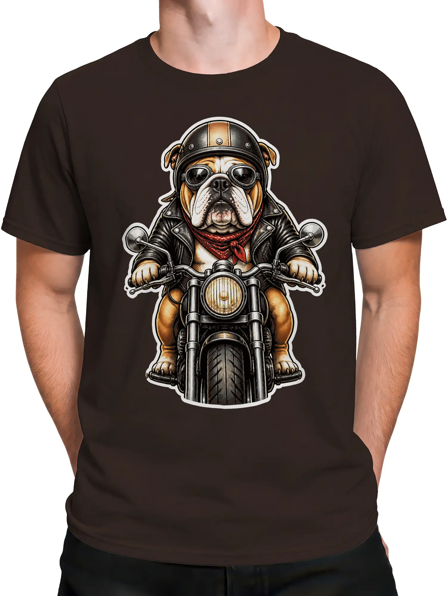 Male torso wearing a brown T-shirt with a bulldog biker motorcycle graphic