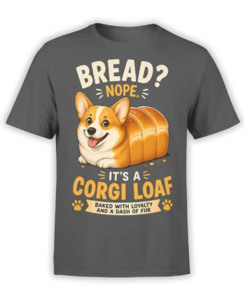Gray dog t-shirt with a happy corgi shaped like a loaf and the words BREAD? NOPE. IT'S A CORGI LOAF