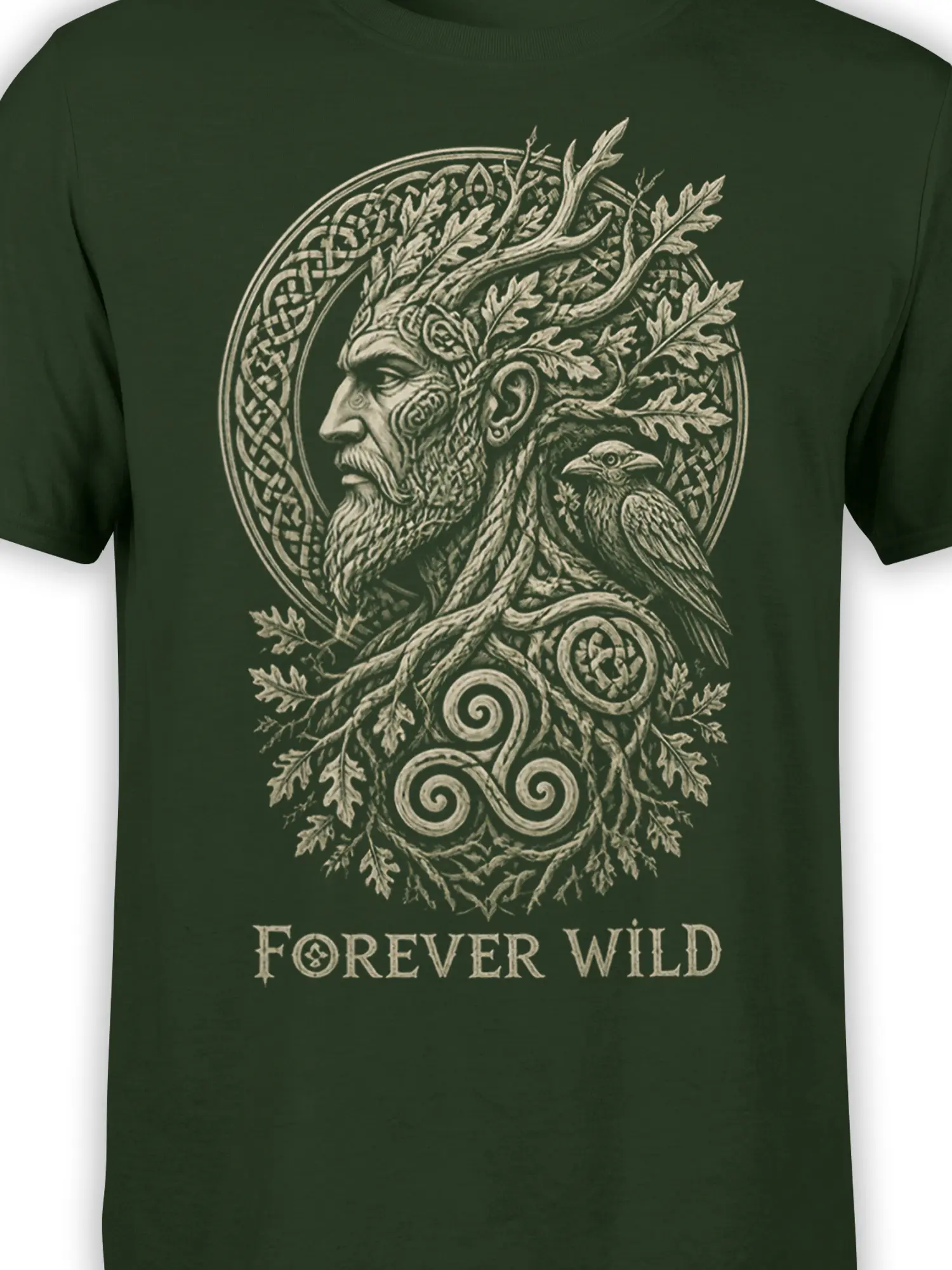 Close-up of antlers, raven, oak leaves, and Celtic-inspired details from the dark green forest graphic tee