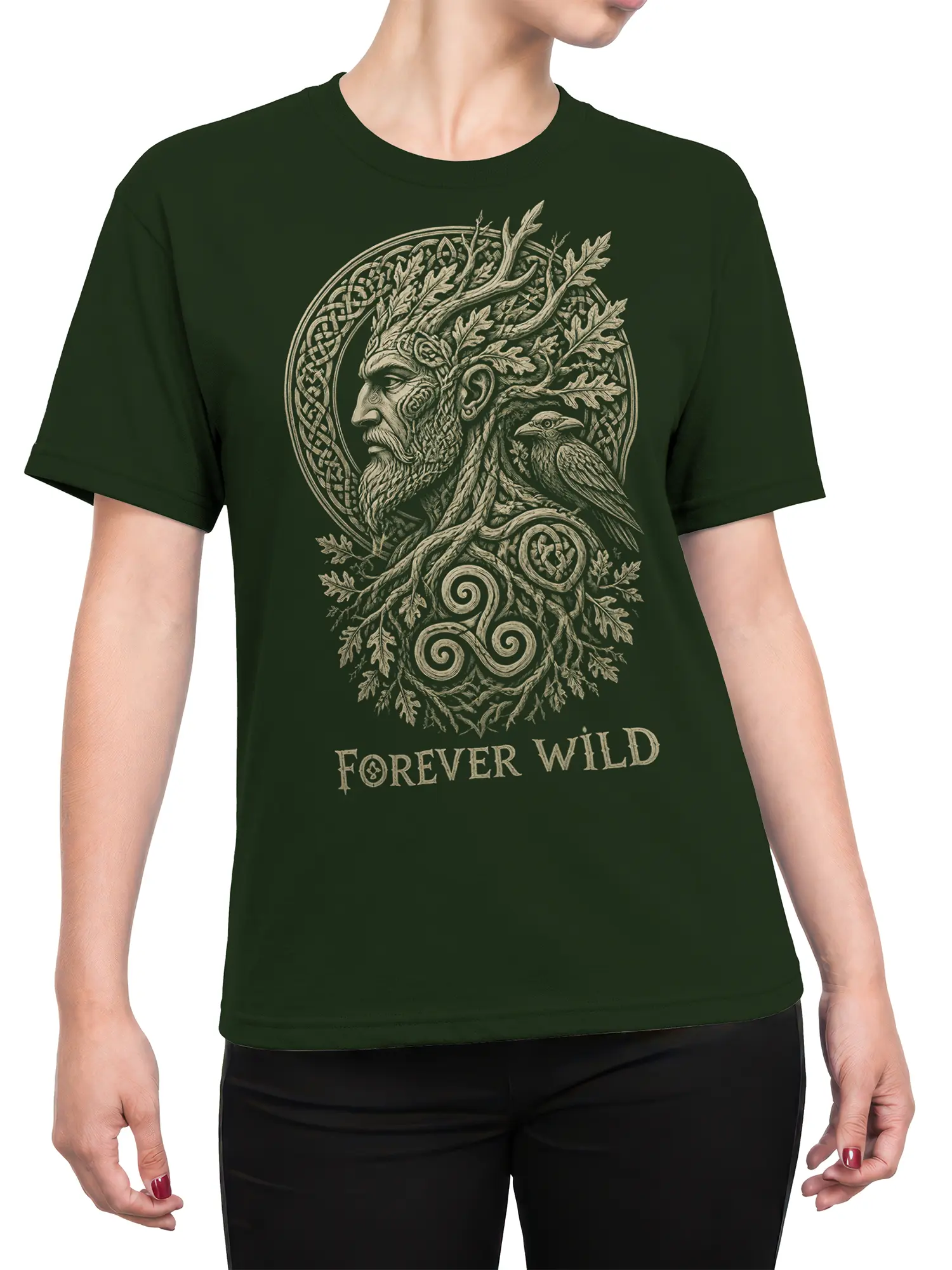 Female torso wearing a dark green T-shirt with an antlered forest figure and “Forever Wild” graphic