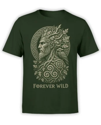 Antlered bearded forest figure and raven graphic with “Forever Wild” text on a dark green T-shirt