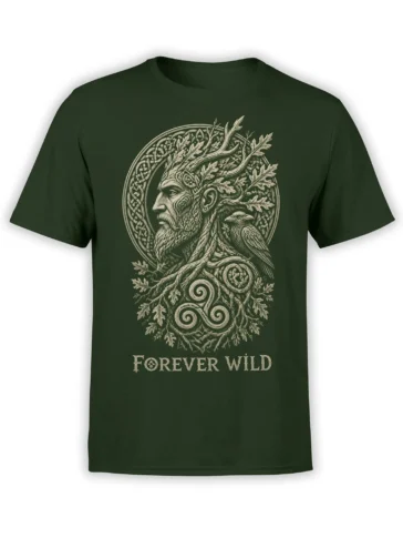 Antlered bearded forest figure and raven graphic with “Forever Wild” text on a dark green T-shirt