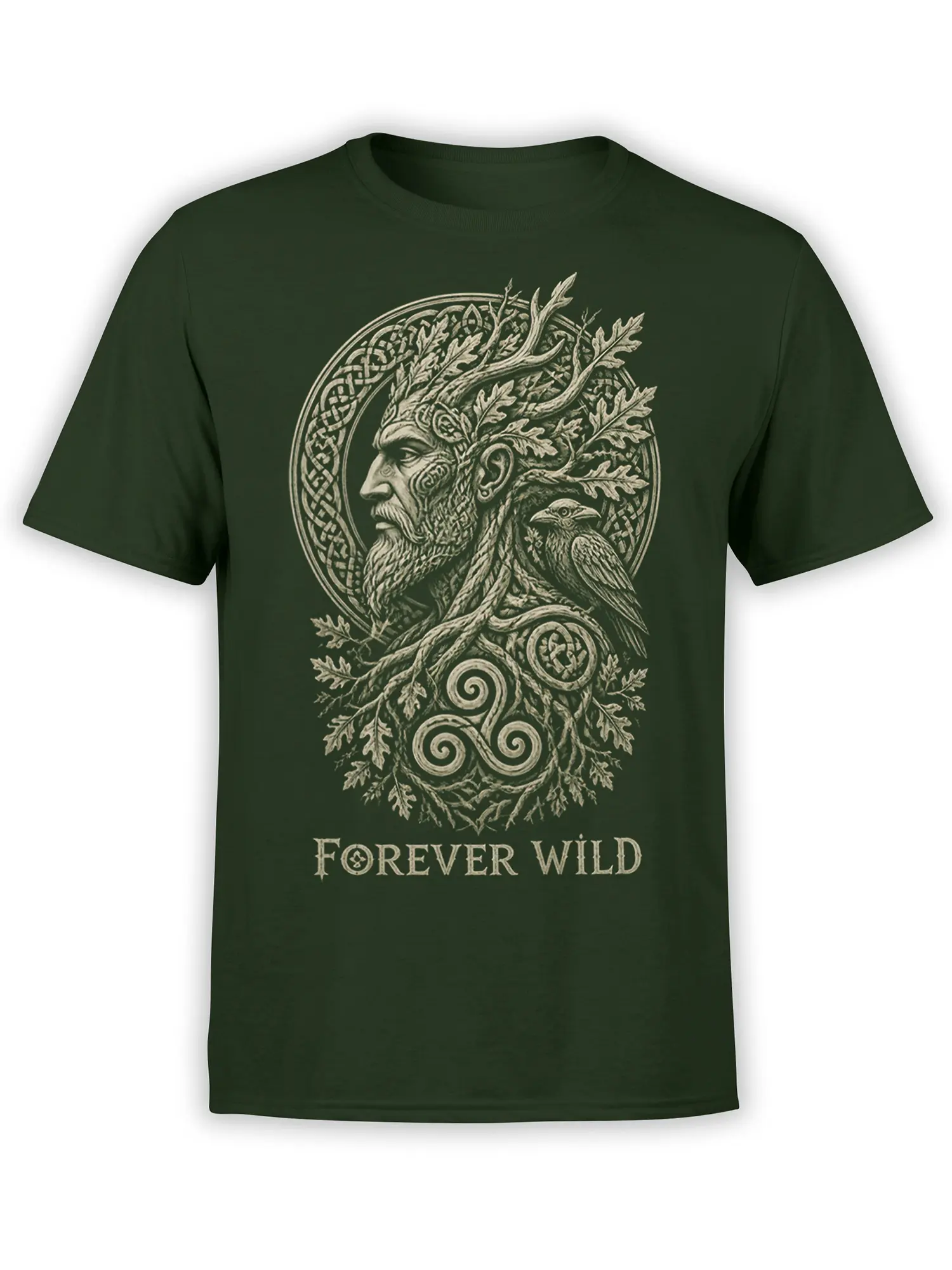 Antlered bearded forest figure and raven graphic with “Forever Wild” text on a dark green T-shirt