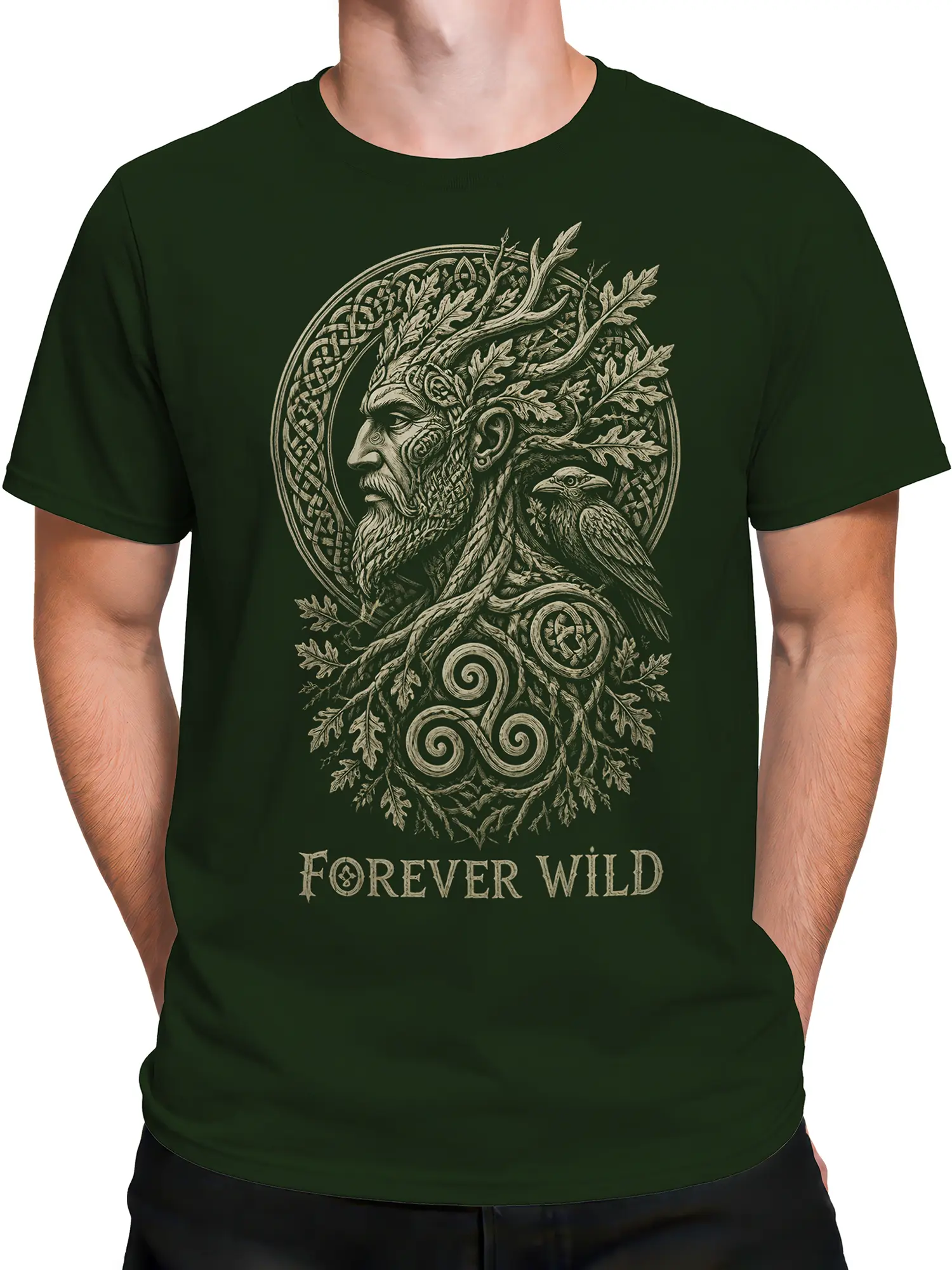 Male torso wearing a dark green T-shirt with antlers, raven, oak leaves, and “Forever Wild” design